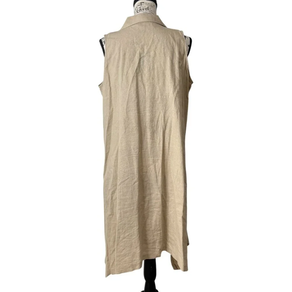 ForCynthia Sleeveless Shirt Dress Linen Blend Button-Up Smocked Pockets Size L - Picture 3 of 8